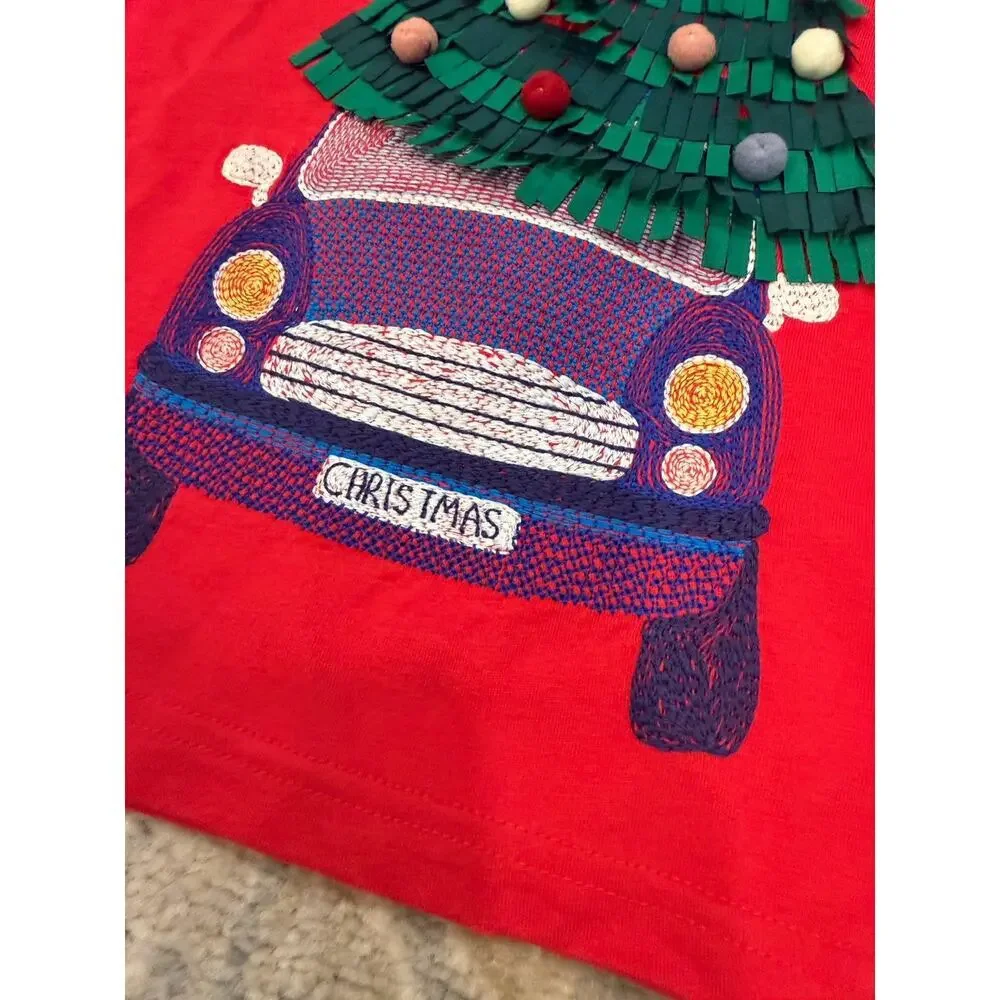 Mini Boden super stich Christmas Tree Appliqué long Sleeve Tee Shirt 3-4 Years